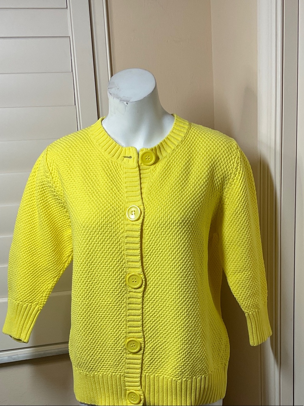 L.L. Bean Lemon Yellow Textured Button-Front Cardigan. 3/4 Sleeve